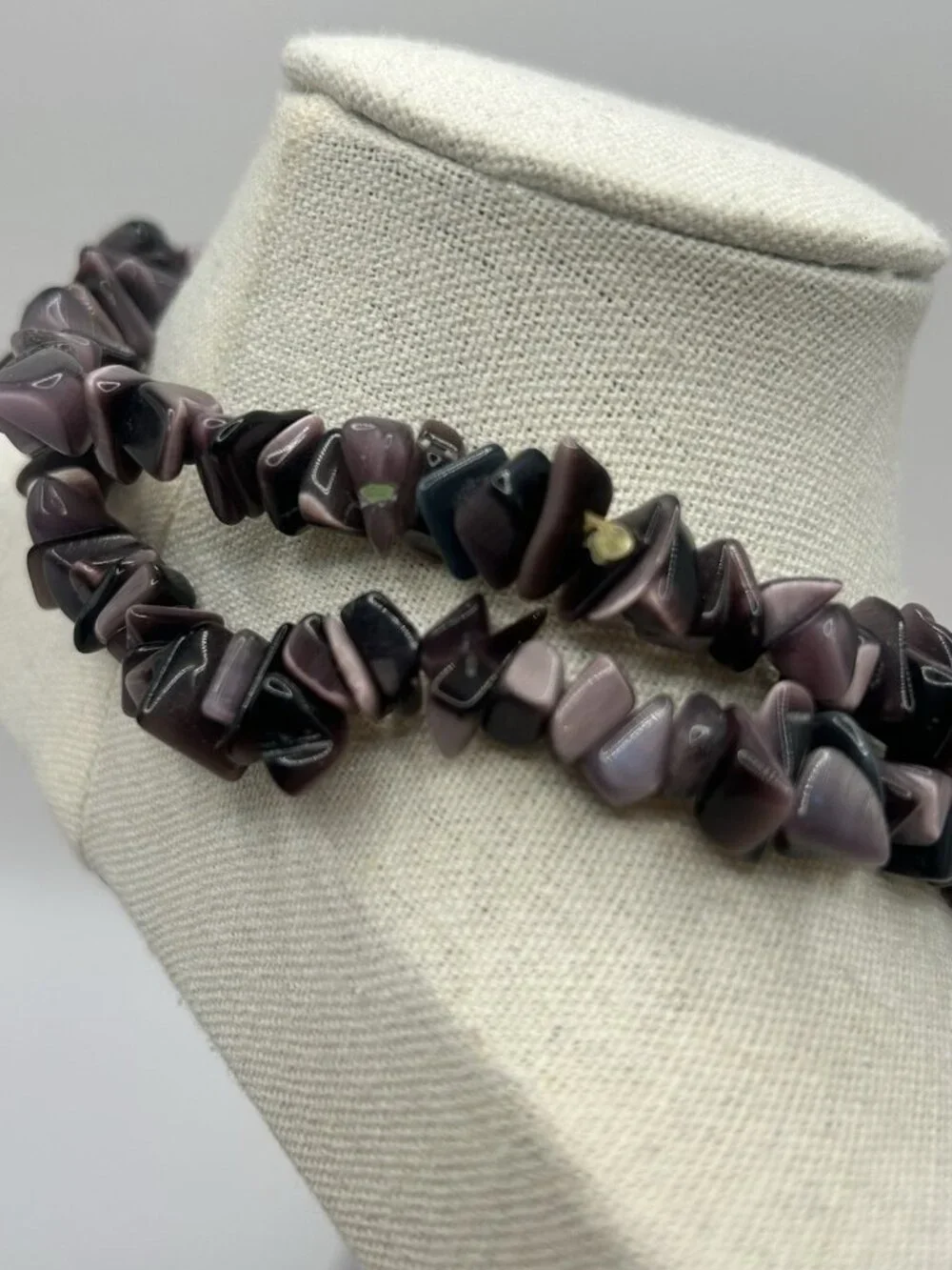 Purple Cat’s Eye Glass Chip Necklace Long 32” Boho Statement Vintage Jewelry